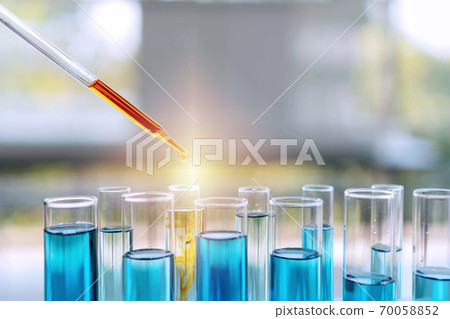 The test tube of science. Laboratory pipette with drop of orange liquid over test tubes filled The test tube of science. Laboratory pipette with drop of orange liquid over test tubes filled 70058852