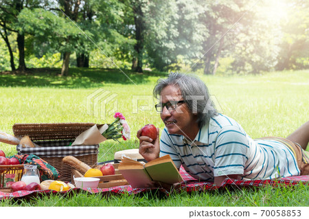 Senior man with gray hair holding and reading book in his hand while lying in picnic cloth 70058853