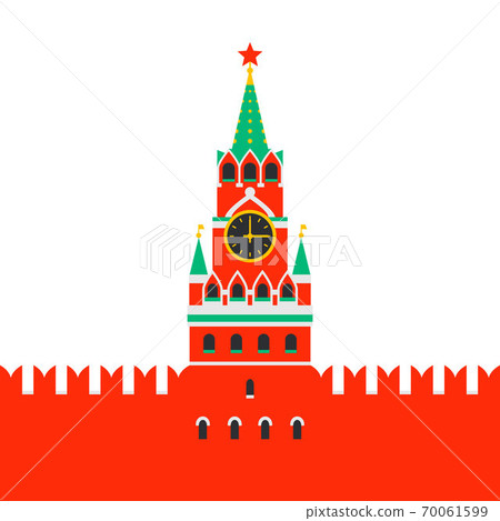 Moscow Kremlin. Spasskaya tower of the Kremlin on red square in Moscow, Russia. Russian national landmark in flat style ob white background. Moscow Kremlin. Spasskaya tower of the Kremlin on red square in Moscow, Russia. Russian national landmark in flat style ob white background. 70061599