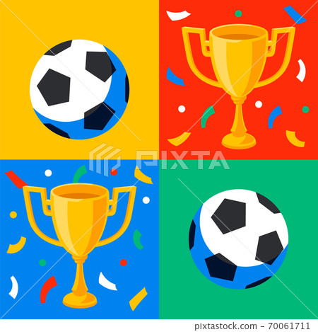 Winner gold cup, football ball and confetti in pop art style. First place prize. Sport winners goblet. Football or soccer championship. Tropy reward. Flat cartoon style Winner gold cup, football ball and confetti in pop art style. First place prize. Sport winners goblet. Football or soccer championship. Tropy reward. Flat cartoon style 70061711