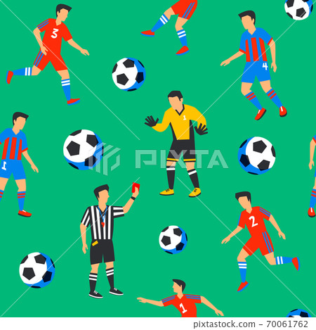 Football players seamless pattern. Sport championship. Soccer players with football ball. Full color background in flat style. Russian football cup. Football players seamless pattern. Sport championship. Soccer players with football ball. Full color background in flat style. Russian football cup. 70061762