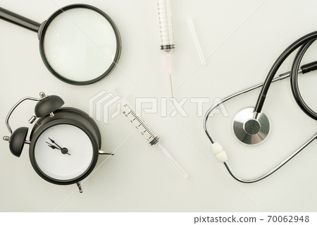 Top view of Medical equipment with Covid-19 virus prevention equipment. 70062948