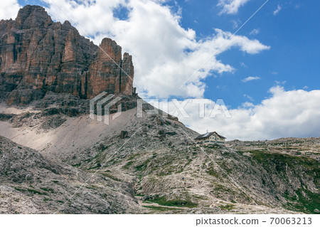 Peak Pisciadu and mountain hut, Dolomites, Italy 70063213