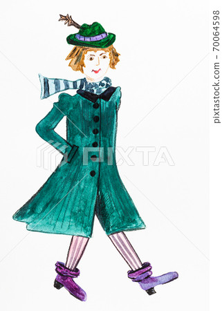 walking girl in green coat by watercolors 70064598