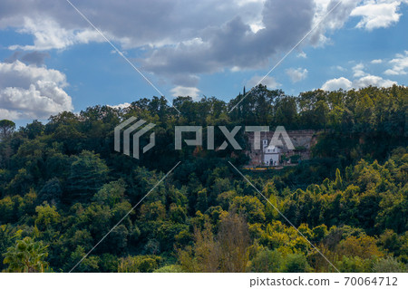 Beautiful panoramic view of the ancient church (Eremo della Santissima Trinita). Orte, Umbria, Italy 70064712