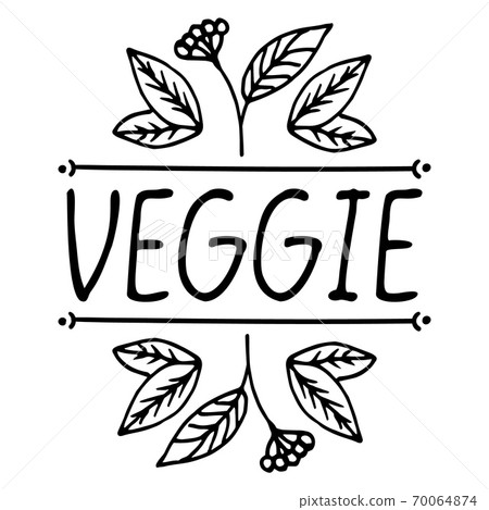 Veggie. Isolated inscription on a white background decorated with leaves and twigs. Hand-drawn lettering. Suitable for packaging, web designs, advertising products, label, Internet advertising. Stock Veggie. Isolated inscription on a white background decorated with leaves and twigs. Hand-drawn lettering. Suitable for packaging, web designs, advertising products, label, Internet advertising. Stock 70064874