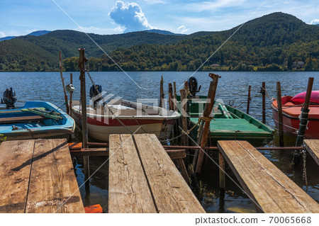 Colorful fishing boats on the lake Piediluco. Umbria, Italy 70065668