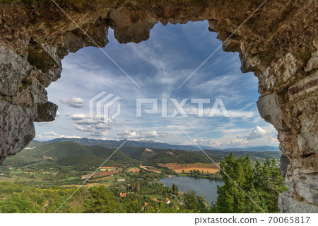 Beautiful lake Piediluco view and the ancient town Labro on the hill 70065817