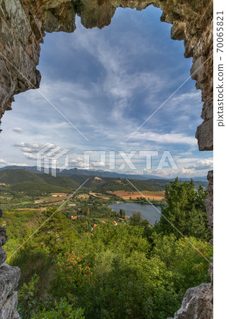 Beautiful lake Piediluco view and the ancient town Labro from the window of an old ruined castle 70065821