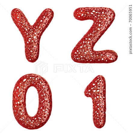 Realistic 3D letters set Y, Z, 0, 1 made of red plastic. 70065951