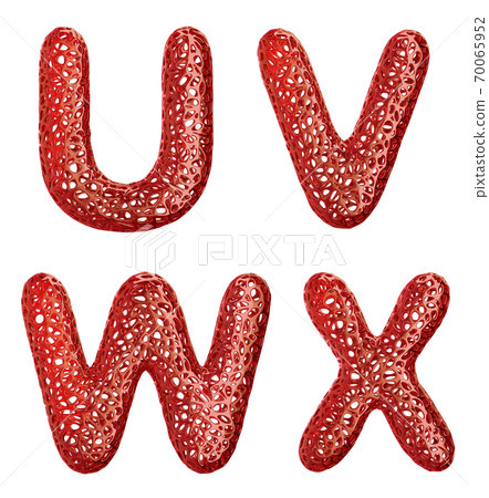 Realistic 3D letters set U, V, W, X made of red plastic. 70065952