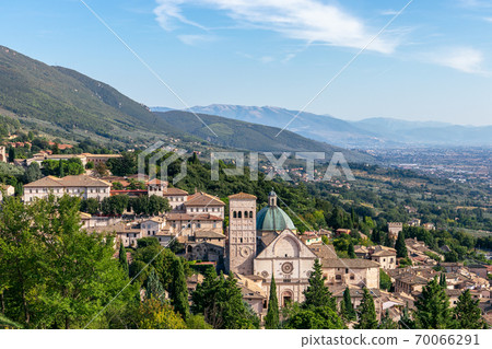 Panoramic view of the historic town of Assisi and hills of Umbria, Umbria, Italy 70066291