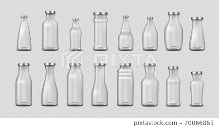 Glass bottles. Realistic empty 3D containers for milk, water, coffee and juice advertising. Collection closed packages in various forms mockup. Vector isolated transparent jar template set Glass bottles. Realistic empty 3D containers for milk, water, coffee and juice advertising. Collection closed packages in various forms mockup. Vector isolated transparent jar template set 70066861