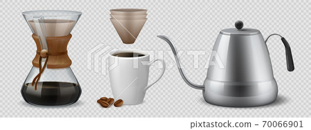 Coffee brewing. Realistic glass flask for alternative espresso preparation method, kettle and filters. 3D barista equipment for home and cafe on transparent background vector isolated set 70066901