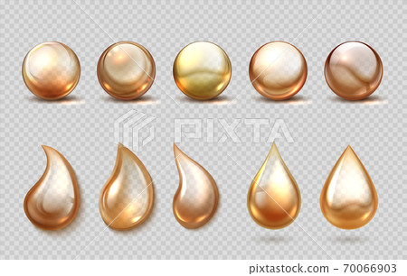 Realistic oil drops. Gasoline, petrol lubricant or machine grease drip and spheres. Eco, bio cosmetic and beauty golden fluid, serum capsule. Vector 3D liquid for cooking or honey set 70066903