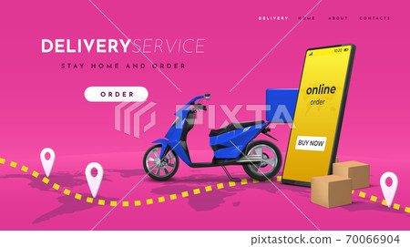Delivery landing. Online food and goods mobile service. Site interface with buttons and lettering. Products order app for home and office. Vector web page with realistic scooter, smartphone 70066904
