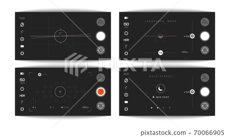 Camera viewfinders. Mobile video and photo app. Realistic interface with horizontal, landscape mode, UI elements. Dark smartphone or camcorder screen buttons. Vector snapshot display set Camera viewfinders. Mobile video and photo app. Realistic interface with horizontal, landscape mode, UI elements. Dark smartphone or camcorder screen buttons. Vector snapshot display set 70066905