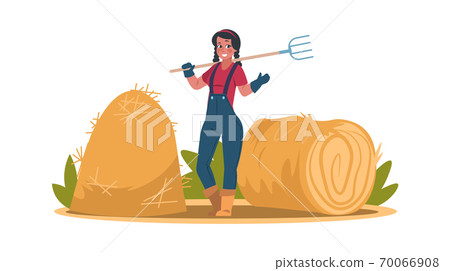 Woman with pitchfork near hayloft. Farmer prepares hay in autumn. Bio, eco food for domestic animal. Straw in haystack and agricultural equipment. Vector cartoon isolated illustration Woman with pitchfork near hayloft. Farmer prepares hay in autumn. Bio, eco food for domestic animal. Straw in haystack and agricultural equipment. Vector cartoon isolated illustration 70066908