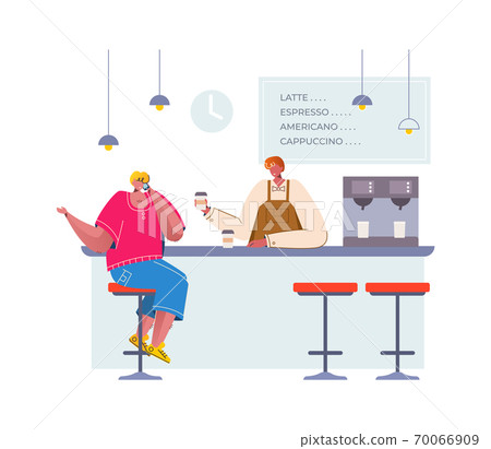 Trendy man in cafe. Doodle people drink beverage in bar. Barista making cappuccino concept. Cafeteria interior with high chairs and menu on wall. Vector character sitting in coffee shop Trendy man in cafe. Doodle people drink beverage in bar. Barista making cappuccino concept. Cafeteria interior with high chairs and menu on wall. Vector character sitting in coffee shop 70066909