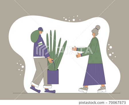 Plant lover. Man with indor flower pot. Vector 70067873