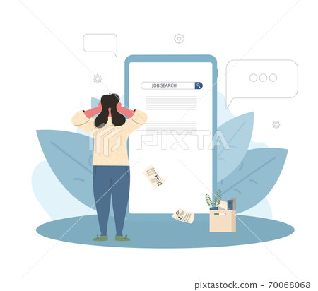 Unemployment. Dismissed worker try to find a work online. Fired man standing near huge laptop, he is confused and disappointed. Vector illustration. 70068068
