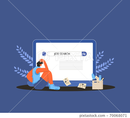 Unemployment. Dismissed worker try to find a work online. Fired man standing near huge laptop, he is confused and disappointed. Vector illustration. 70068071