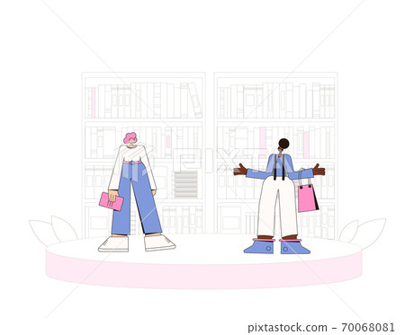 Two woman speaking about reading. Female characters telling about literature. Friends in the library, bookstore or coworking space. Vector illustration. 70068081
