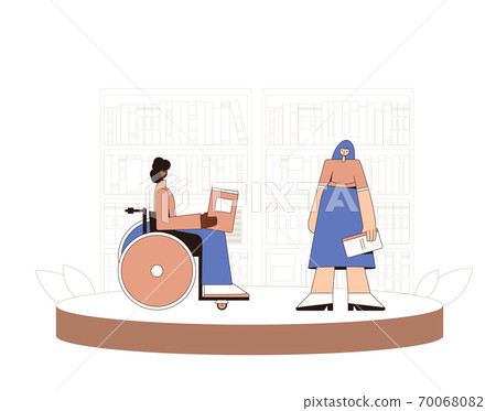 Two woman with books speaking about reading. Female characters telling about literature. Person in wheelchair meeting with her friend in the library, store or coworking space. Vector concept. Two woman with books speaking about reading. Female characters telling about literature. Person in wheelchair meeting with her friend in the library, store or coworking space. Vector concept. 70068082