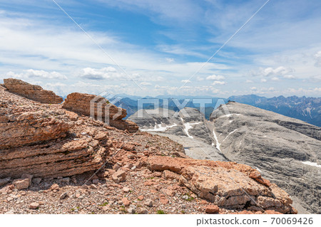 Italian Dolomites Alps. View from the top of the Piz Boe mountain Italian Dolomites Alps. View from the top of the Piz Boe mountain 70069426