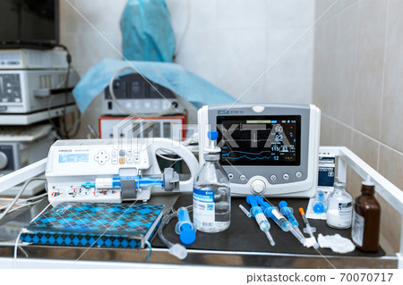 Heart rate monitor in hospital theater. Medical vital signs monitor instrument in a hospital on anesthesia surgery monitor. ECG Patient Monitor. medical electronics 70070717