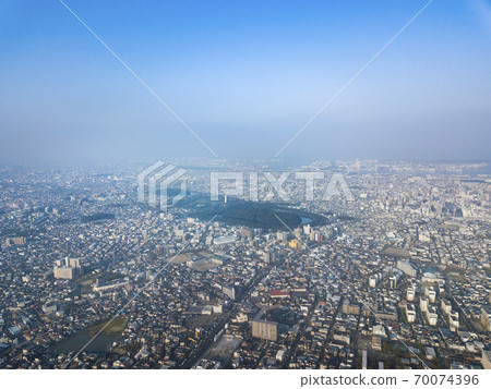 Persimmon, old city tumulus group Nintoku emperor Rui old burial mound Aerial view 70074396
