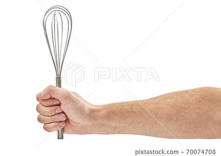 Male hand holding a egg beater mixer whisk, isolated over the white background 70074708