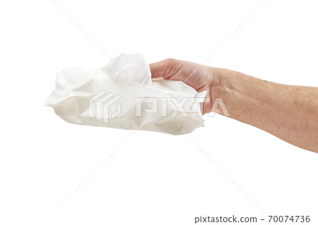 Man cleaning his hand with wet tissue isolated on white background Man cleaning his hand with wet tissue isolated on white background 70074736