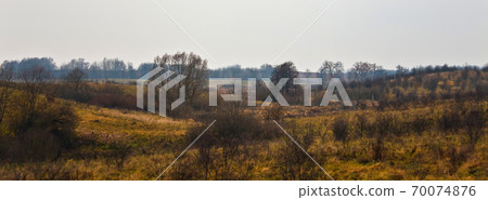 View of the landscape of overgrown meadows in late autumn. 70074876