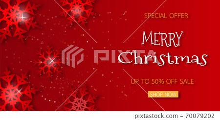 Christmas banners with shining snowflakes, stars and colorful balls on red background. For posters, banners, sales and other winter events. .Vector illustration EPS 10 Christmas banners with shining snowflakes, stars and colorful balls on red background. For posters, banners, sales and other winter events. .Vector illustration EPS 10 70079202