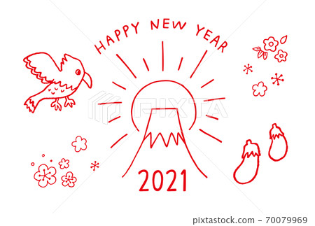 2021 New Year's card material for Ox (Mt. Fuji, hawk and eggplant / white background) 70079969