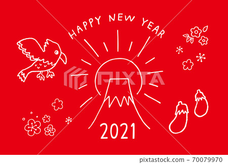 2021 New Year's card material for Ox (Mt. Fuji, hawk and eggplant / red background) 70079970