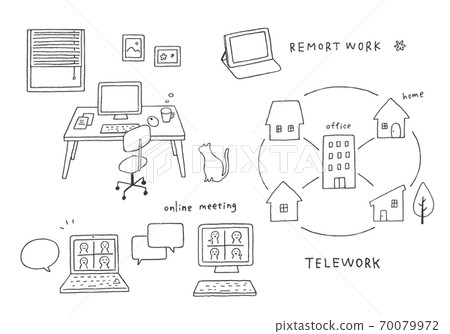 Hand-drawn illustrations of telework and online meetings (monochrome) 70079972