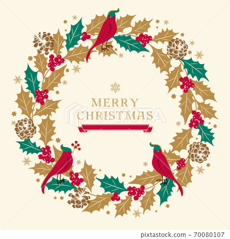 聖誕花環插圖/平城和鳥花圈/米色 70080107