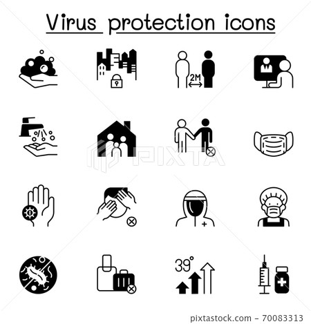 Set of Virus protection icons. contains such Icons as, social distancing, mask, hand washing, stay home and more. Set of Virus protection icons. contains such Icons as, social distancing, mask, hand washing, stay home and more. 70083313