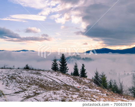view of sunrise above snowed winter carpathian mountains 70083979