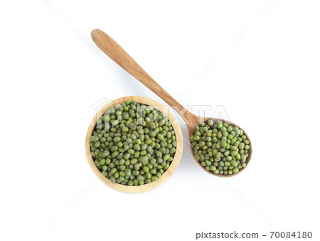 Mung beans wooden spoon isolated on white background, health care concept Mung beans wooden spoon isolated on white background, health care concept 70084180