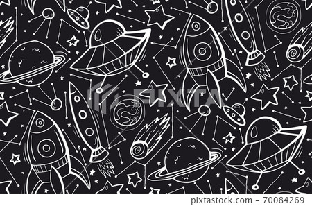 Seamless black and white pattern with hand drawn contour child illustrations of stars, spaceships and UFOs. Vector doodle texture Seamless black and white pattern with hand drawn contour child illustrations of stars, spaceships and UFOs. Vector doodle texture 70084269
