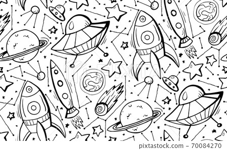 Seamless black and white pattern with hand drawn contour child illustrations of stars, spaceships and UFOs. Vector doodle texture Seamless black and white pattern with hand drawn contour child illustrations of stars, spaceships and UFOs. Vector doodle texture 70084270