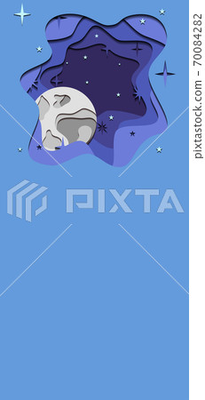 Vertical banner with 3d illustration of night sky with Moon cut out of paper. Space tourism. Vector template Vertical banner with 3d illustration of night sky with Moon cut out of paper. Space tourism. Vector template 70084282
