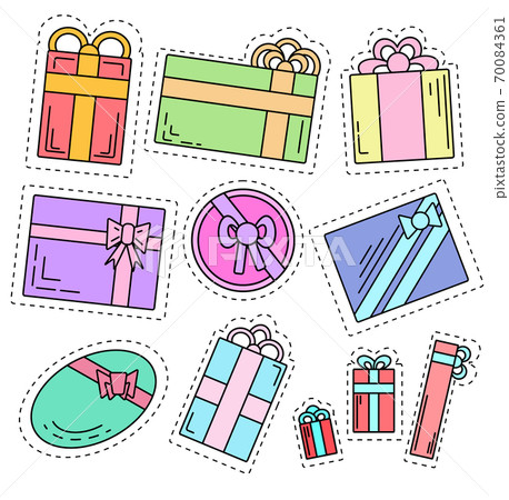 Set of color linear stickers of festive gifts of various shapes. The object is separate from the background. Set of color linear stickers of festive gifts of various shapes. The object is separate from the background. 70084361