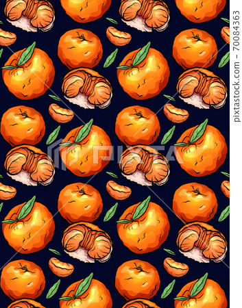 Seamless pattern of color doodle illustrations of tangerine on dark background. Seamless pattern of color doodle illustrations of tangerine on dark background. 70084363