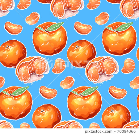 Seamless pattern of color cartoon illustrations of tangerine on blue background. Vector texture Seamless pattern of color cartoon illustrations of tangerine on blue background. Vector texture 70084366