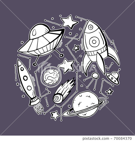 Set stickers of contour child illustrations of stars, spaceships and UFOs. The object is separate from the background. Set stickers of contour child illustrations of stars, spaceships and UFOs. The object is separate from the background. 70084370