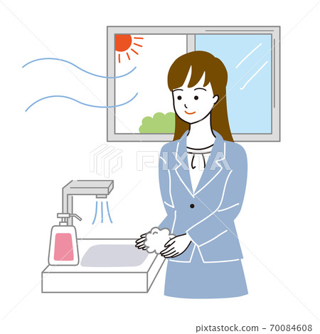矢量圖的女人洗她的手同時通風作為對電暈的一種措施 70084608